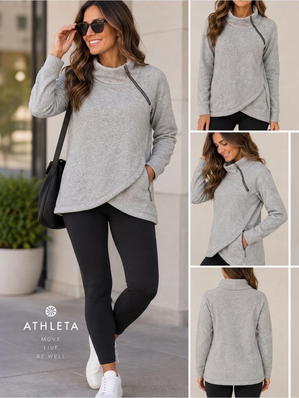 Athleta Cozy Karma Asym Zip Pullover Women L Gray Fleece Funnel Neck Sweatshirt